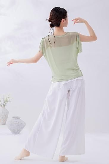 Green Short Sleeve Top And White Wide-Leg Pants Set image 3